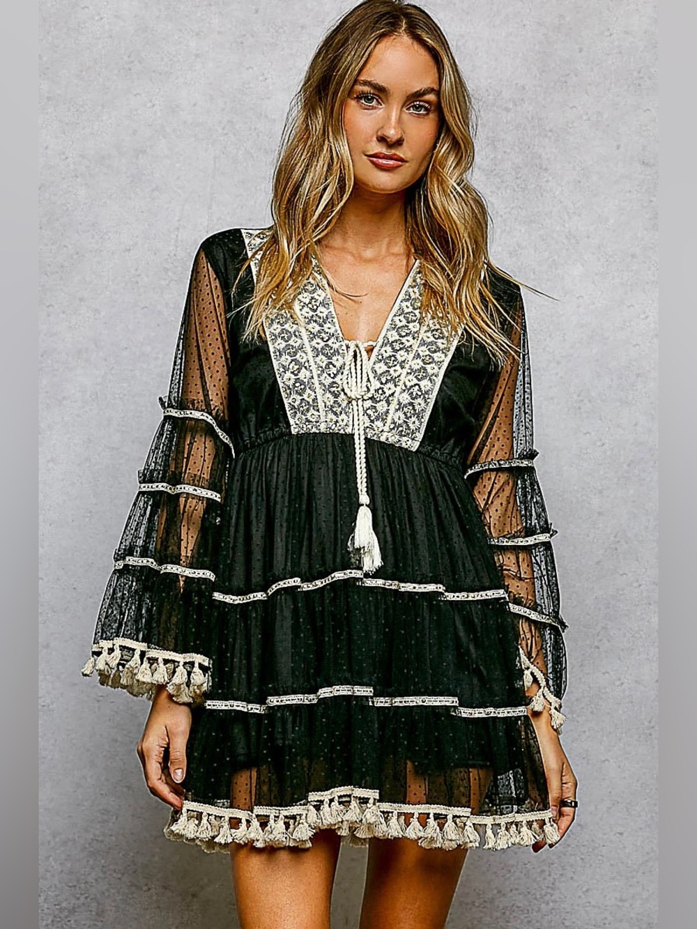 🆕 POL Fringe and Tassel Embroidered Mini Flare Dress-Black NWT SZ LG - Picture 2 of 4